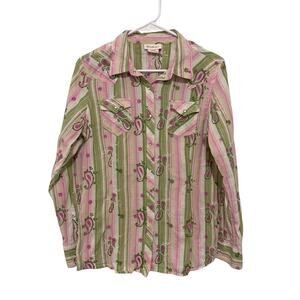 Ariat Women's Medium Pink Green Pearl Snap Long Sleeve Collar Paisley Shirt